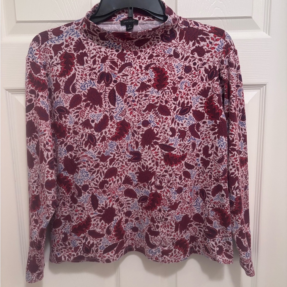 Ann Taylor Burgundy and Blue Floral Long Sleeve Top